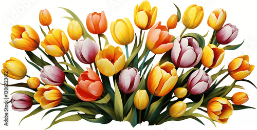 Vibrant yellow orange tulip flower arrangement bouquet with mixed colors on white background for spring decoration design