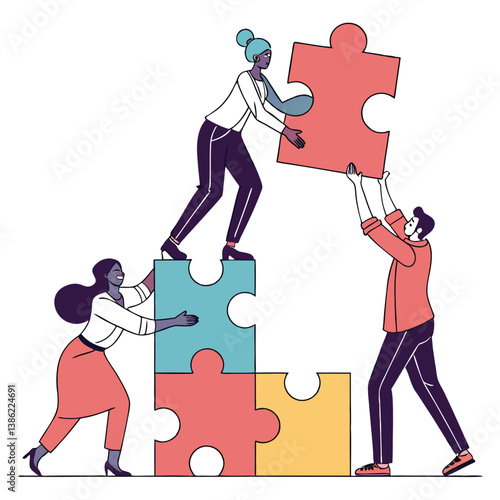 Business Teamwork concept. Contemporary flat style abstract vector illustration of a company of diverse people putting together a huge puzzle details. 