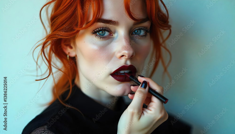 woman paints lips with lipstick, isolated on light background,