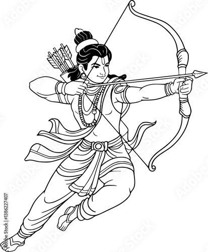 Black and white illustration of Hindu deity, Lord Rama, drawing a bow.