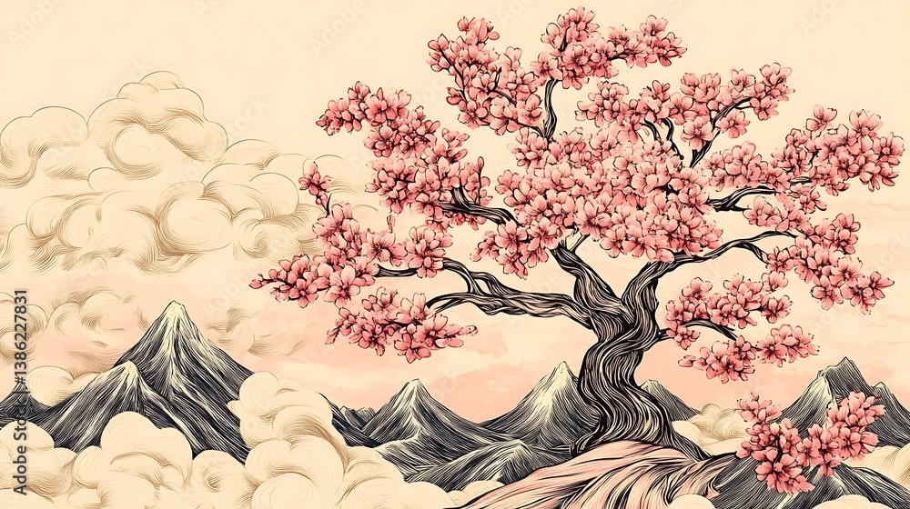 A large flowering tree is nestled between mountains and clouds