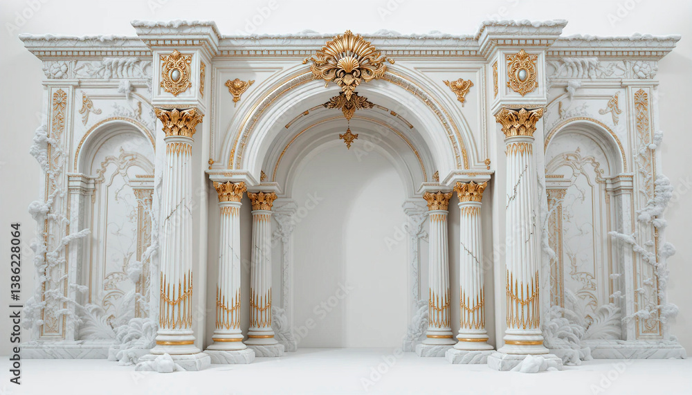 Antique arch with richly decorated snow-white columns with golden stucco isolated on white background, wedding mood, wedding venue for ceremony