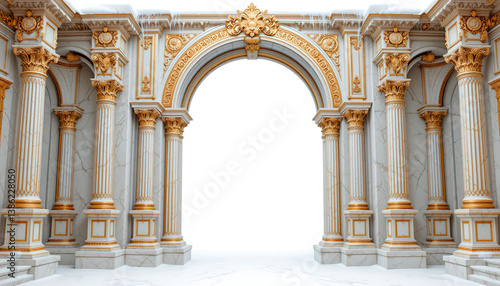 Obraz na płótnie Antique arch with richly decorated snow-white columns with golden stucco isolated on white background, wedding mood, wedding venue for ceremony w salonie