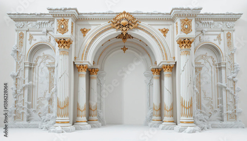 Obraz na płótnie Antique arch with richly decorated snow-white columns with golden stucco isolated on white background, wedding mood, wedding venue for ceremony w salonie