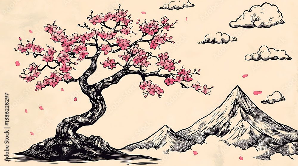 Beautiful blossoming tree near majestic mountains and fluffy clouds