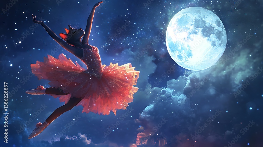 A celestial feline ballerina dances gracefully beneath the bright moon
