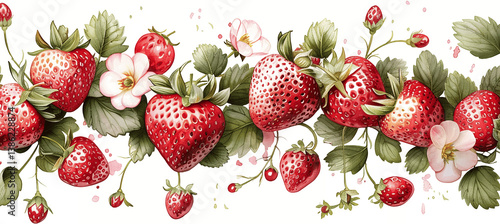 Horizontal strawberry garland border with scattered berries and pink flowers, seamless pattern design for textile and wallpaper applications