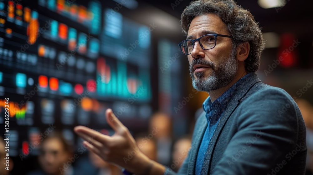 Businessman presenting data analysis charts and graphs on screen Businessman presenting data analysis charts and graphs on screen