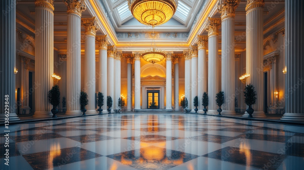 Obraz premium Grandiose Palace Interior: Marble Hallway, Gilded Columns, and Checkered Floor