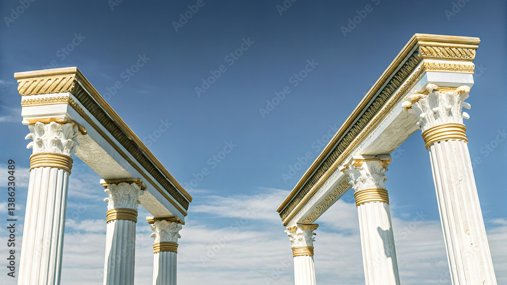 Antique arch with richly decorated snow-white columns with golden stucco isolated on white background, wedding mood, wedding venue for ceremony