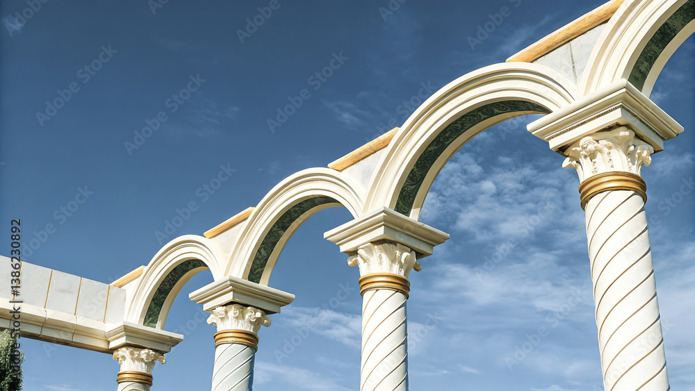 Antique arch with richly decorated snow-white columns with golden stucco isolated on white background, wedding mood, wedding venue for ceremony