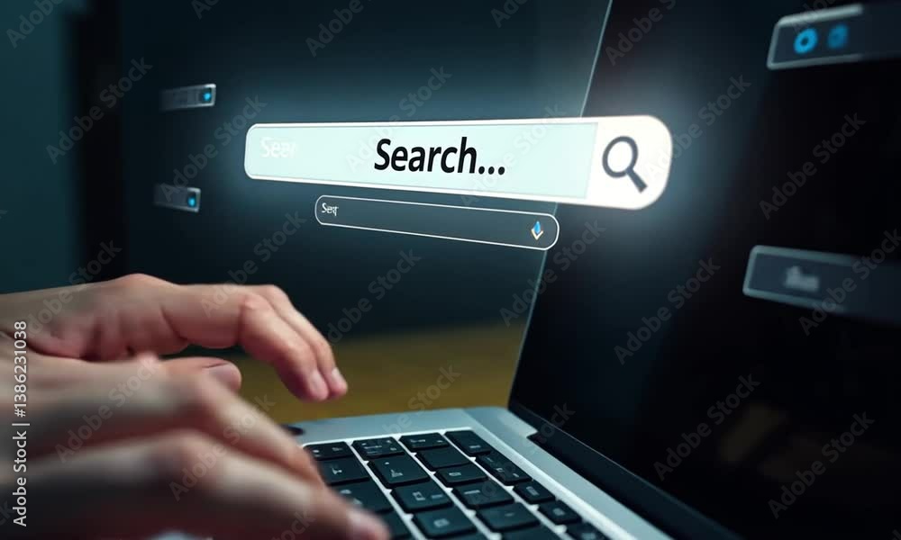 SEO search engine optimization concept, marketing ranking traffic website, internet technology for business company. Businessman using laptop with search bar on virtual screen