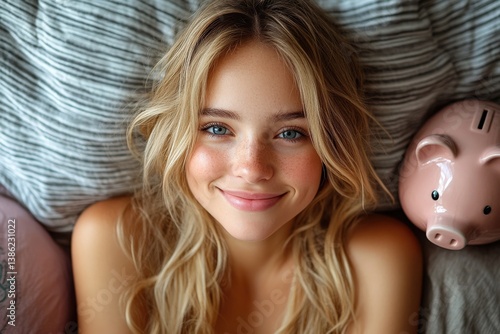 Woman lies on striped bedding next to a pink piggy bank, smiling calmly