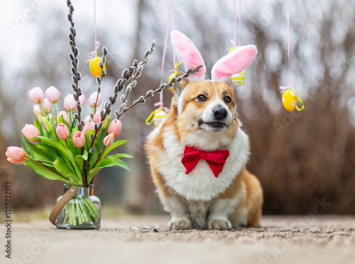 cute corgi dog wearing Easter bunny ears and bow tie sitting in garden among ...