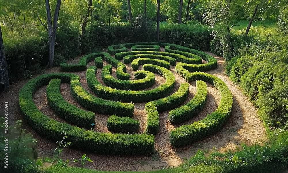 Aerial view of a lush green maze surrounded by trees, inviting exploration and adventure Aerial view of a lush green maze surrounded by trees, inviting exploration and adventure