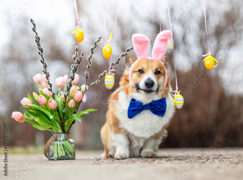 cute corgi dog in Easter bunny ears sitting in garden among colorful eggs and...