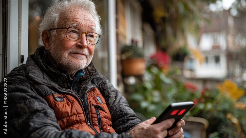 Obraz premium Senior man on porch using tablet, looking thoughtfully.