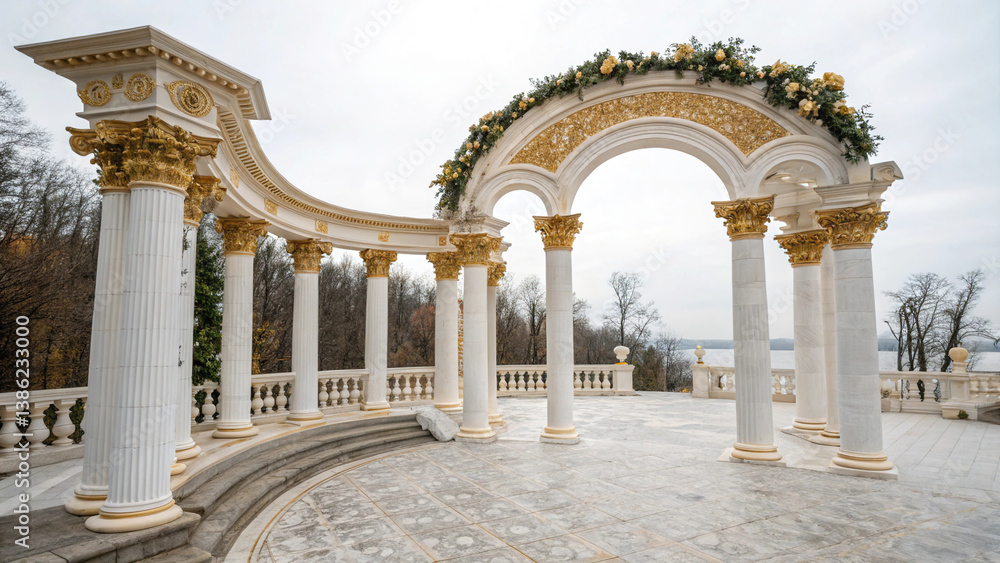 Antique arch with richly decorated snow-white columns with golden stucco isolated on white background, wedding mood, wedding venue for ceremony