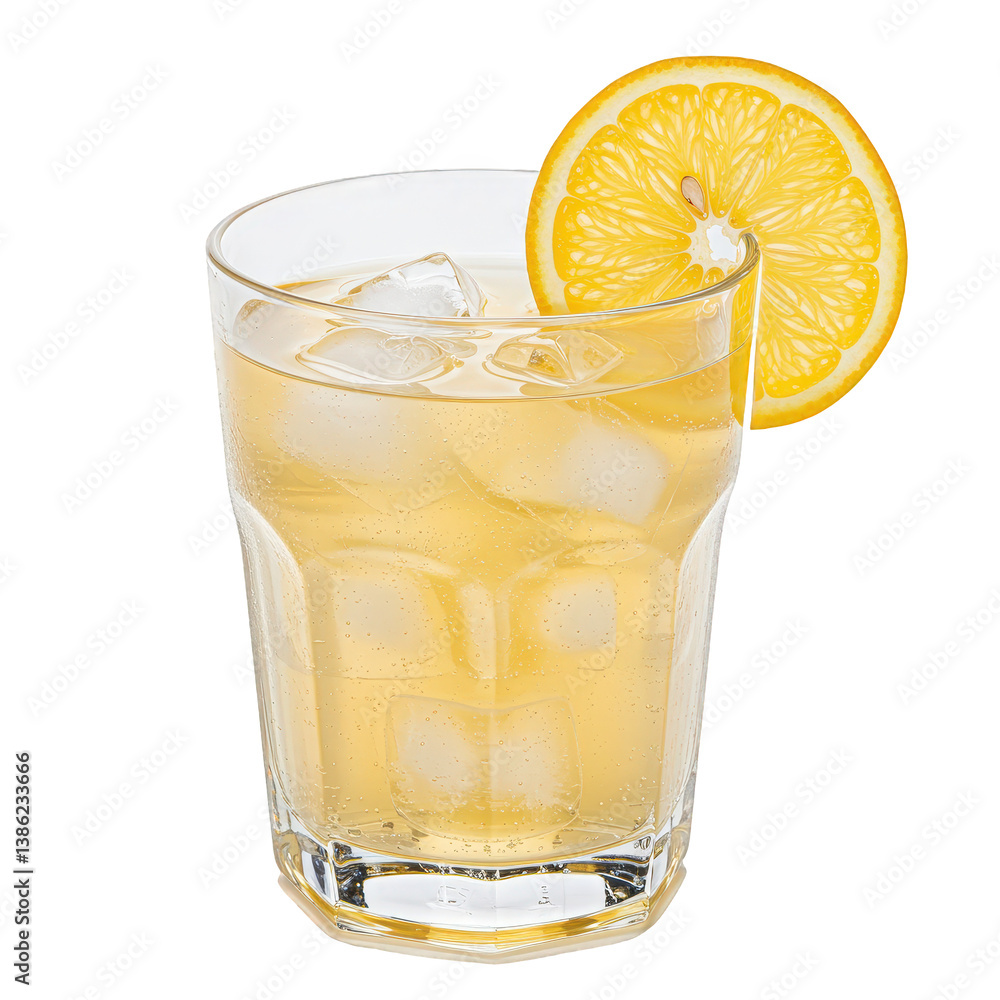 Chilled Citrus Drink with Ice and Lemon Slice.