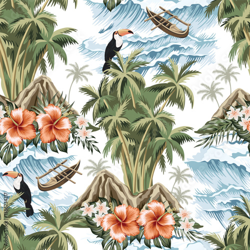 Hawaiian vintage island, hibiscus flower, palm leaves, toucan, palm tree, boat and sea waves summer floral seamless pattern.Exotic jungle wallpaper.