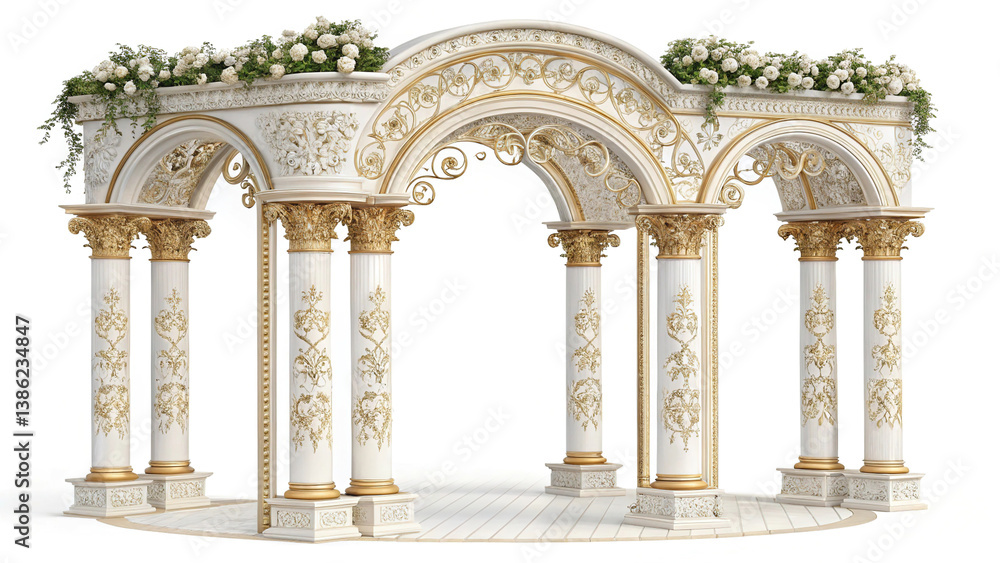 Antique arch with richly decorated snow-white columns with golden stucco isolated on white background, wedding mood, wedding venue for ceremony