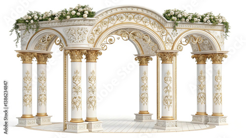 Obraz na płótnie Antique arch with richly decorated snow-white columns with golden stucco isolated on white background, wedding mood, wedding venue for ceremony w salonie