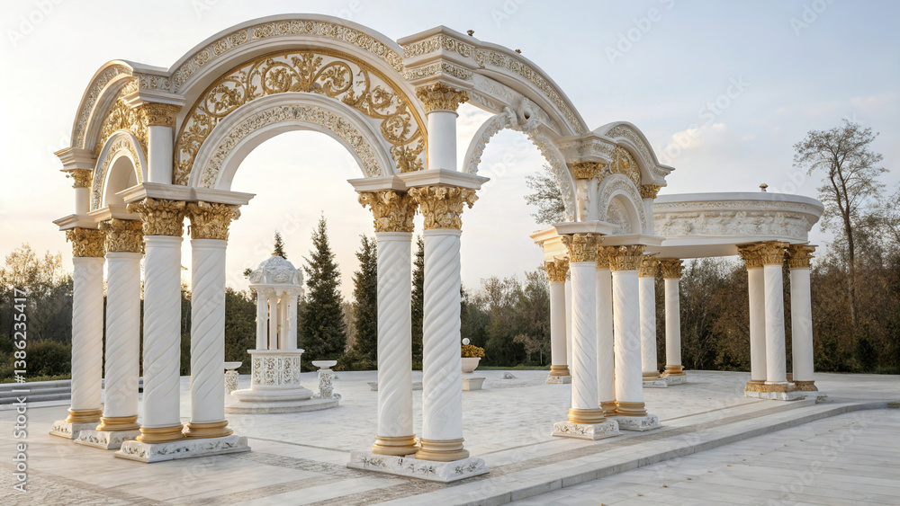 Antique arch with richly decorated snow-white columns with golden stucco isolated on white background, wedding mood, wedding venue for ceremony