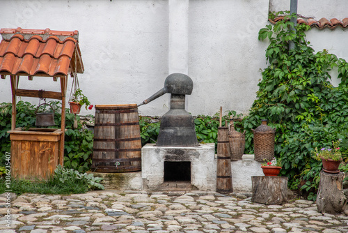The equipment of a small-scale distillery for making local spirits or liqueurs