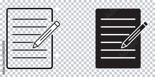 Document edit icons, pencil and paper symbols, outline and filled versions for writing or editing files

