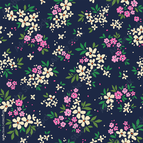 Beautiful floral pattern in small abstract flowers. Small white and pink flowers. Dark blue background. Ditsy print. Floral seamless background. Easter spring template print. Stock vector