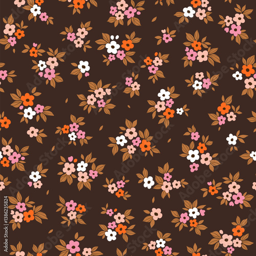 Wallpaper Mural Vector seamless pattern. Pretty pattern in small flowers. Small white, pink and orange flowers. Brown background. Ditsy floral background. Delicate Easter template for fashion textile prints. Stock  Torontodigital.ca