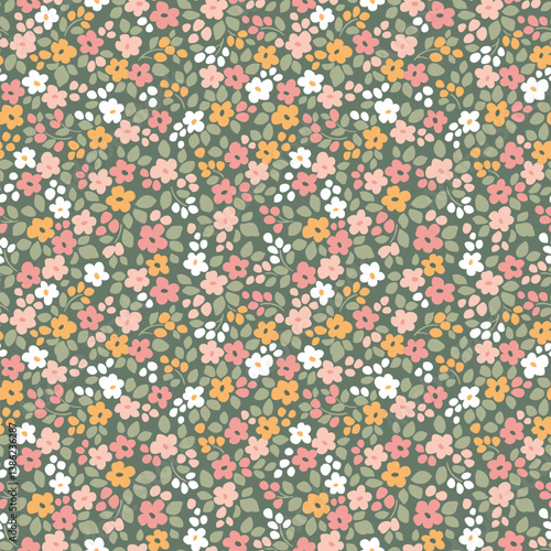 Vector seamless pattern. Pretty pattern in small flowers. Small pastel colors flowers. Green gray background. Ditsy floral background. Vintage Easter template for fashion textile prints. Stock