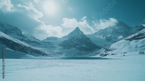Beautiful winter landscape with snow covered mountains and frozen lake scenic view adventure travel cold