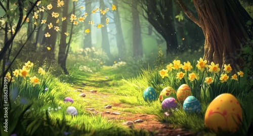 Easter Eggs in Forest Path with Daffodils Celebrating Spring Season