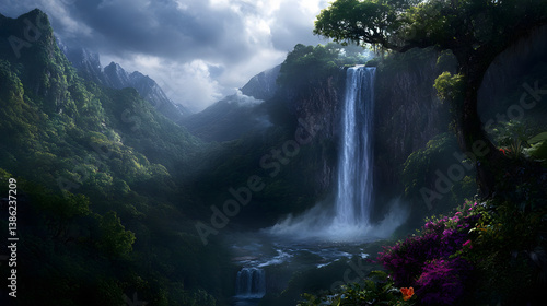 A majestic waterfall tumbling down from a towering cliff, with lush greenery surrounding the base and vibrant flowers blooming nearby.