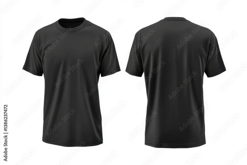 Black Short Sleeve T-shirt Front and Back View on White Background Black Short Sleeve T-shirt Front and Back View on White Background