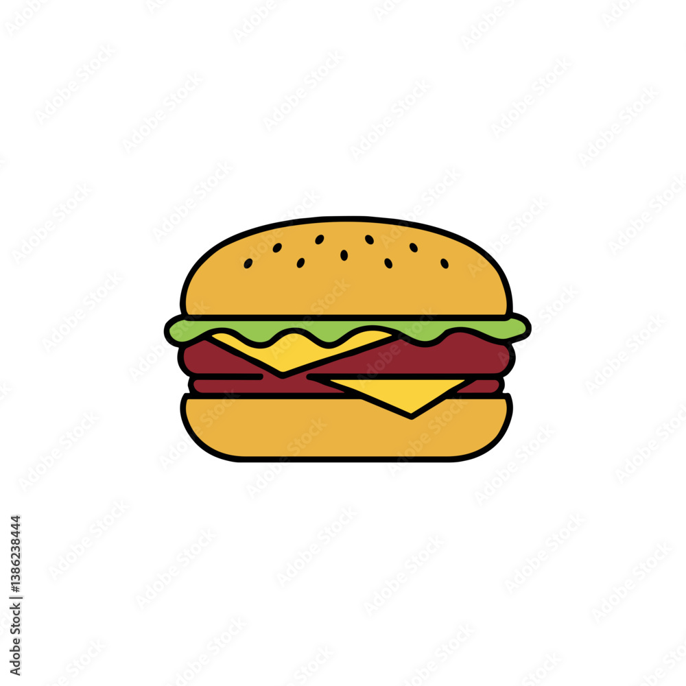 Colorful cheeseburger illustration against a white background