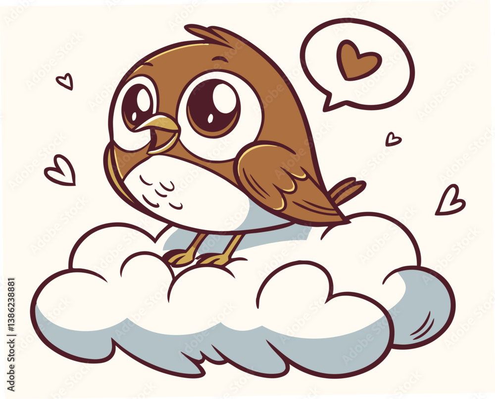 Obraz premium Cute cartoon bird expressing love on a fluffy cloud 