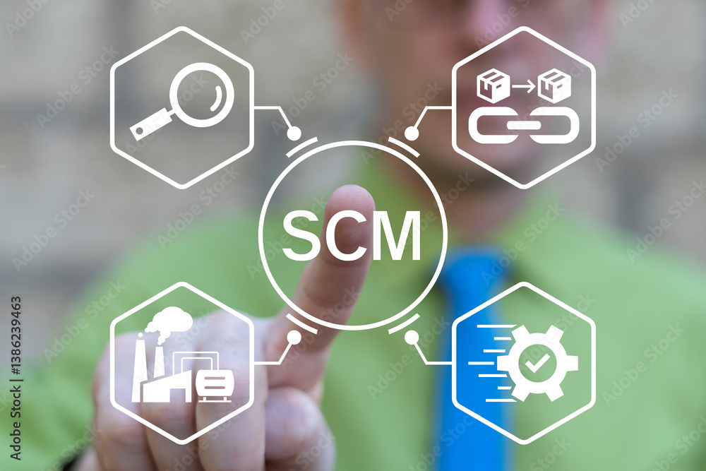 SCM Supply Chain Management Distribution Logistics Business Concept. Fast Global Shipping Delivery Service. Business person using virtual touch screen push text: SCM.