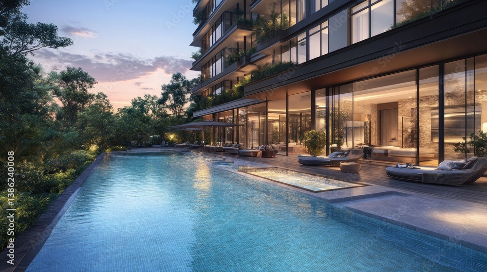 Fototapeta premium Luxury Poolside Residence at Dusk: Serene Evening by the Infinity Pool