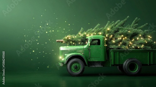 Green truck carrying fir tree with sparkling lights on green background