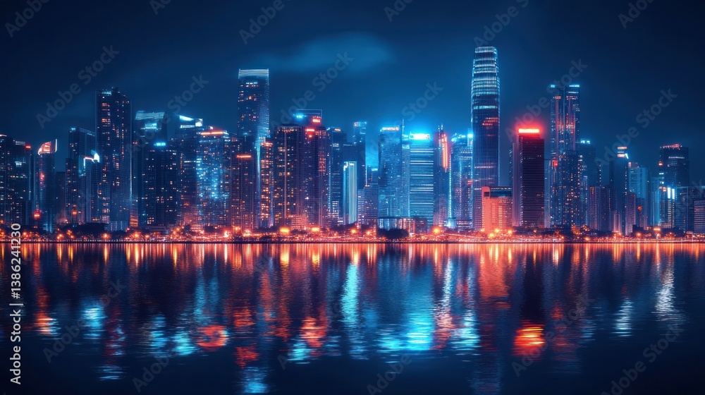 Fototapeta premium Neon Cityscape: Nighttime Reflection of Modern Metropolis