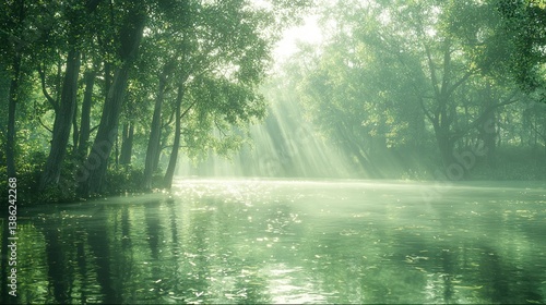 Sunbeams Dance on Serene River, Lush Forest Enchantment
