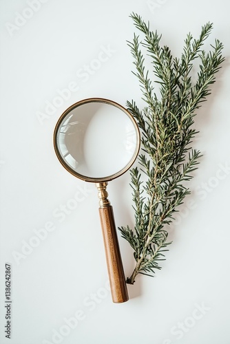 Magnifying glass with wooden handle next to sprig of green rosemary, examination of small details.