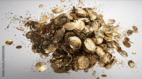 Realistic Gold coins explosion. Isolated on transparent background.