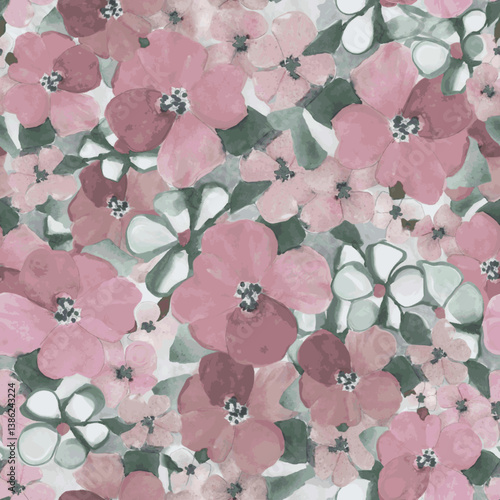 Vector, Seamless pattern with watercolour  flowers in muted colors