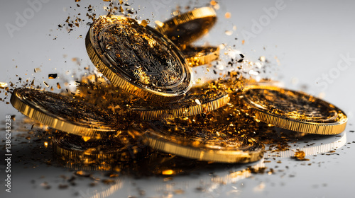 Realistic Gold coins explosion. Isolated on transparent background.