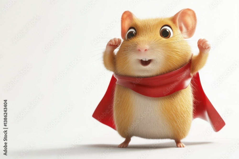 Celebrating Hero Mouse with Red Cape Against Plain Background Happy Mascot