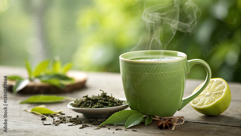 Ceramic Mug of Green Tea with Tea Leaves and Lemon Ceramic Mug of Green Tea with Tea Leaves and Lemon