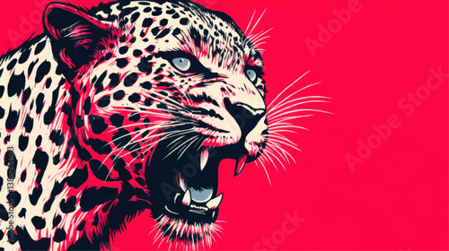 Striking Vector Illustration of Angry Leopard Roaring with Sharp Teeth and Blue Eyes over Vibrant Pink Background for Creative Projects Posters and Graphic Design